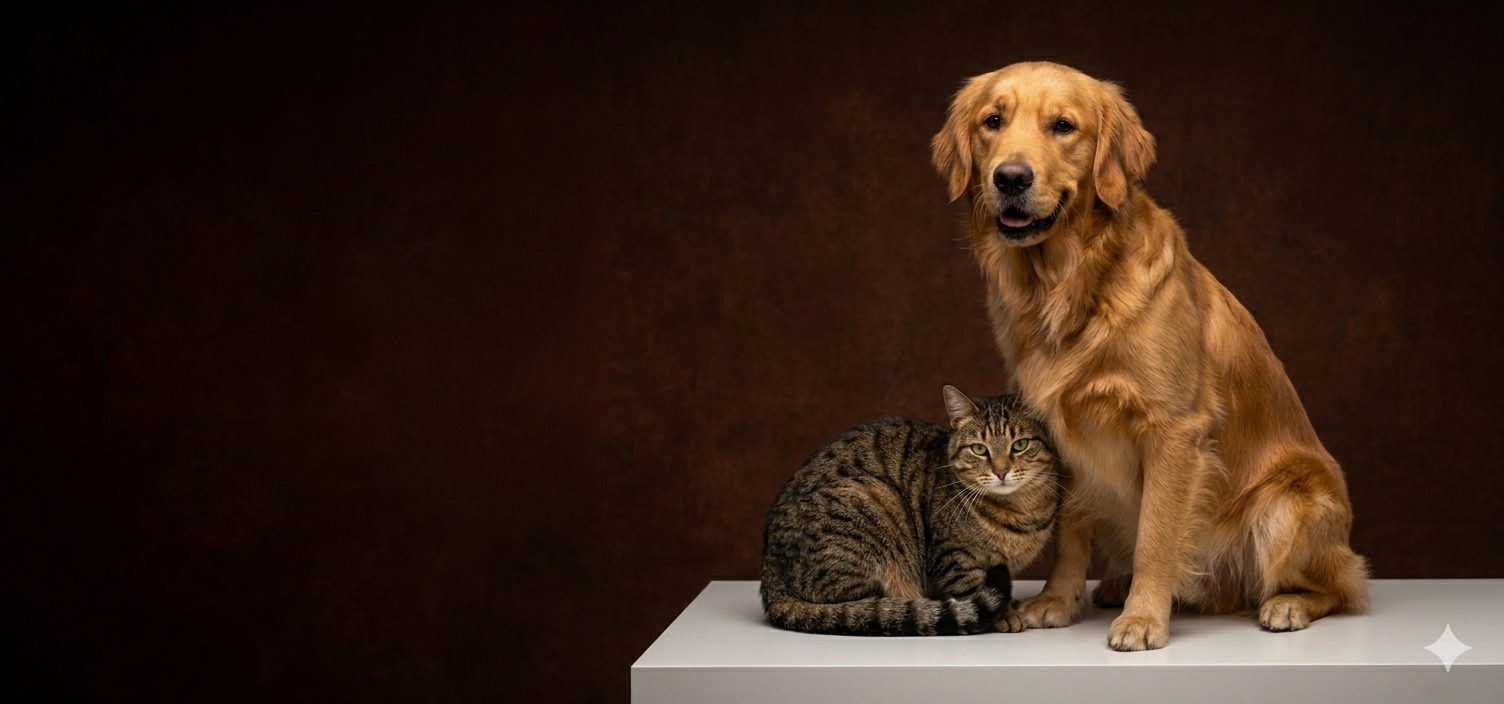 Golden retriever and tabby cat sitting together